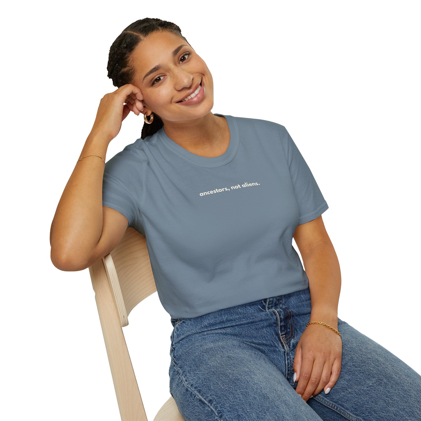 'Ancestors, Not Aliens' Minimalist Slogan Unisex Tee | Alien Nation™
