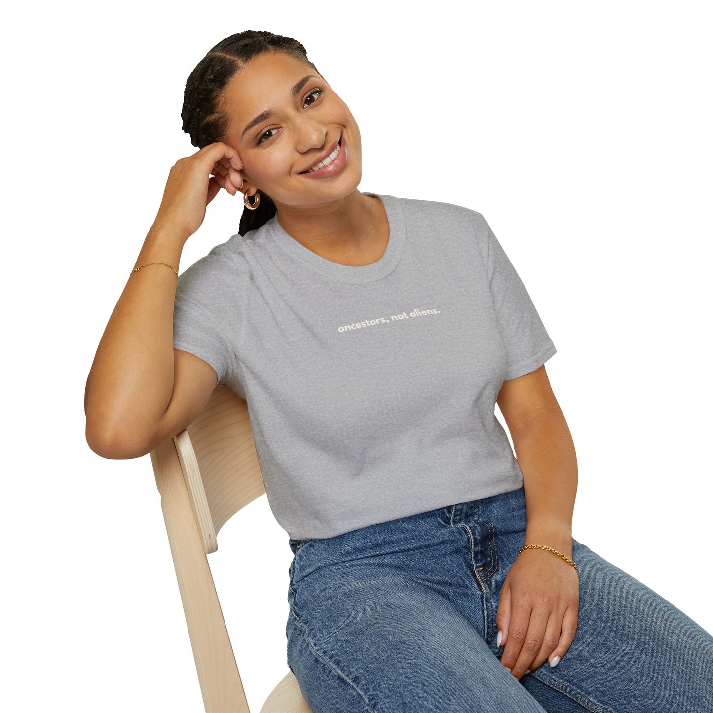 'Ancestors, Not Aliens' Minimalist Slogan Unisex Tee | Alien Nation™
