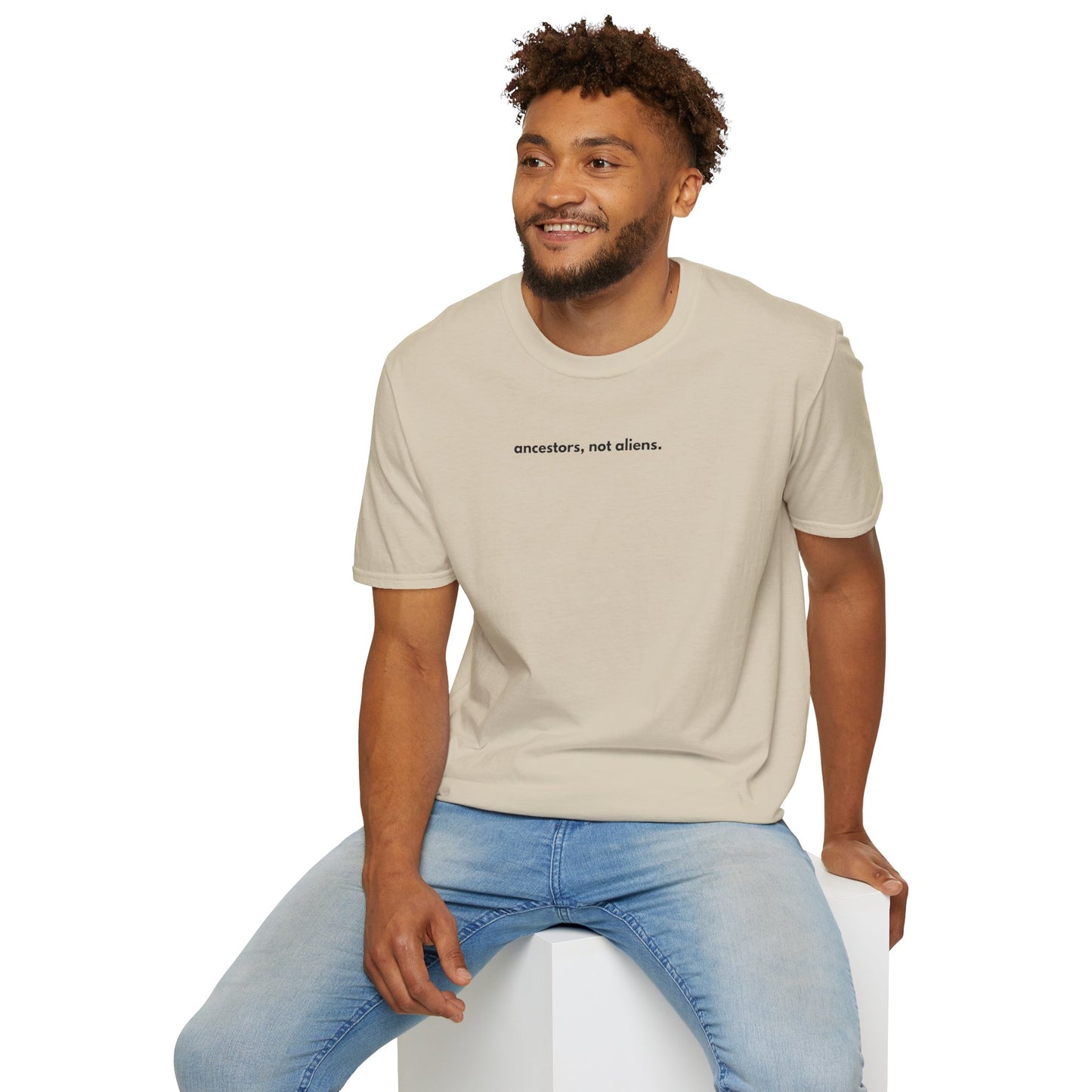 'Ancestors, Not Aliens' Minimalist Slogan Unisex Tee | Alien Nation™