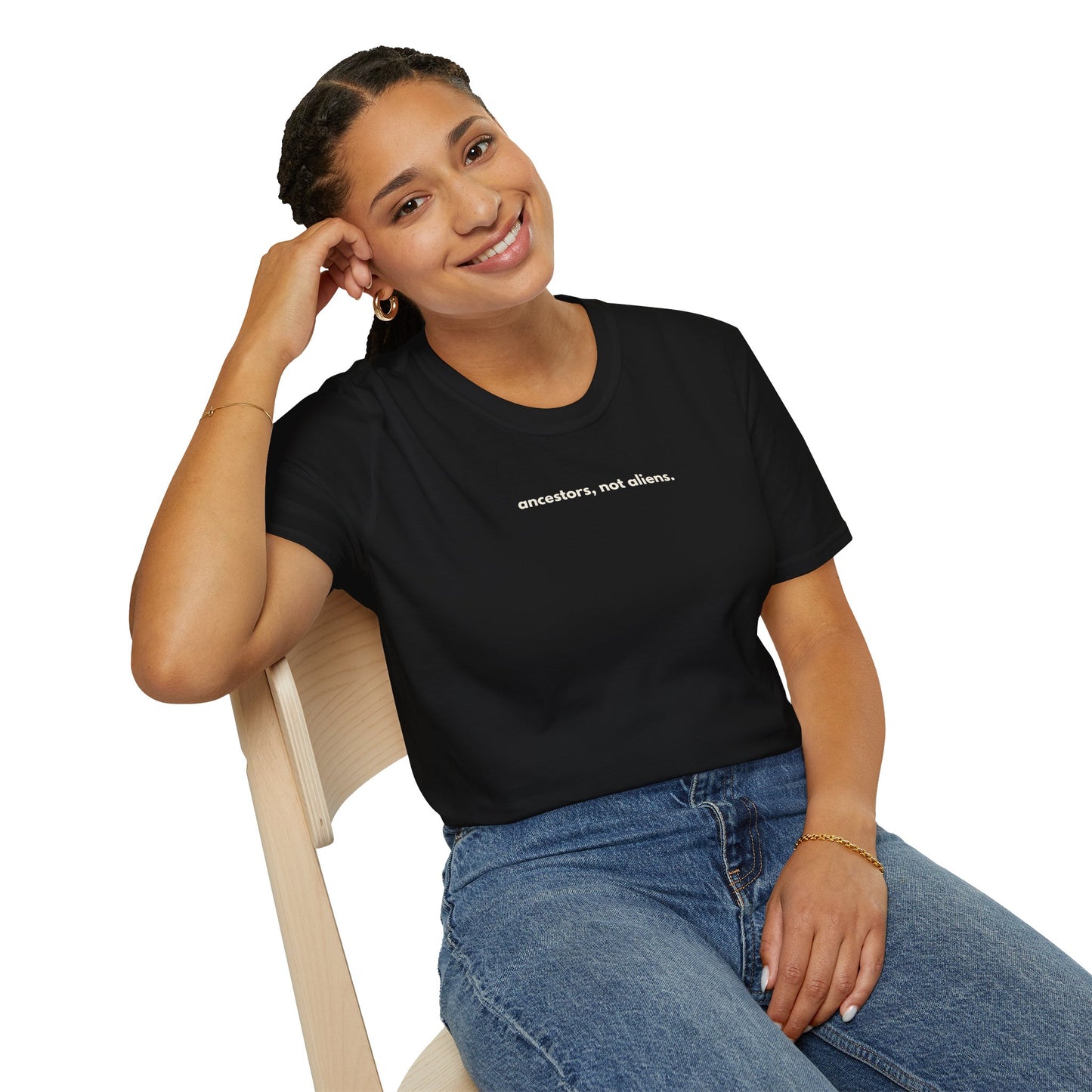 'Ancestors, Not Aliens' Minimalist Slogan Unisex Tee | Alien Nation™