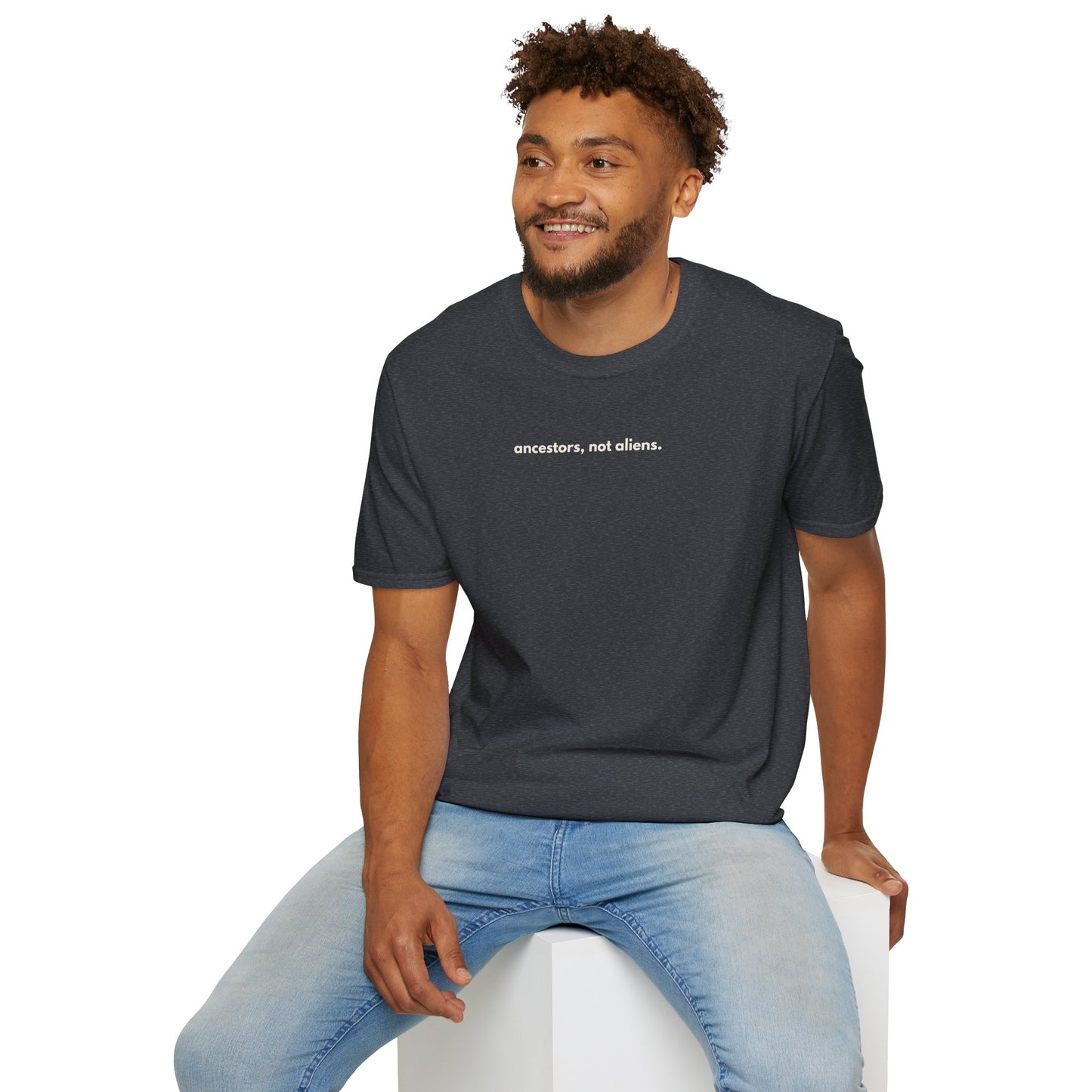 'Ancestors, Not Aliens' Minimalist Slogan Unisex Tee | Alien Nation™