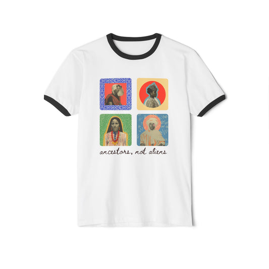 'Ancestors, Not Aliens' Heritage Cotton Ringer T-Shirt, 4 Immigrant Portraits (Front Print)