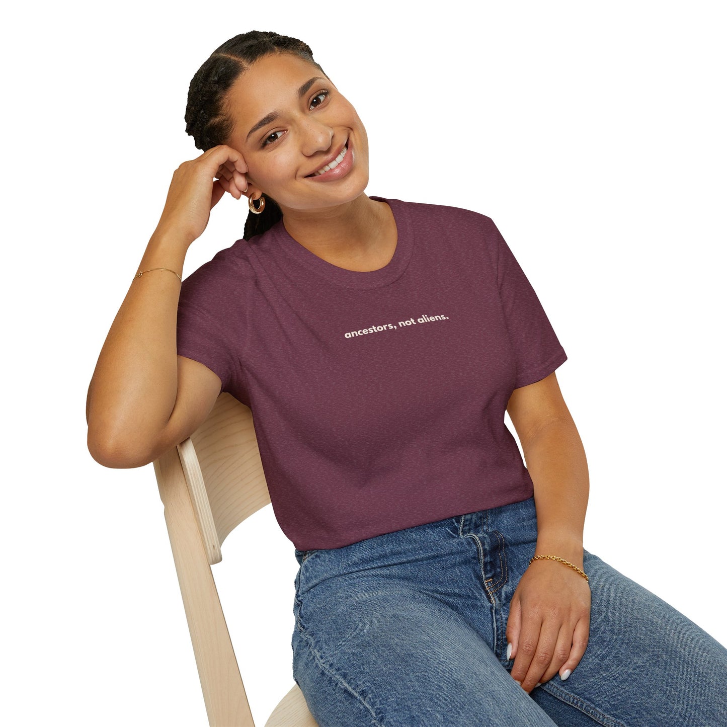 'Ancestors, Not Aliens' Minimalist Slogan Unisex Tee | Alien Nation™