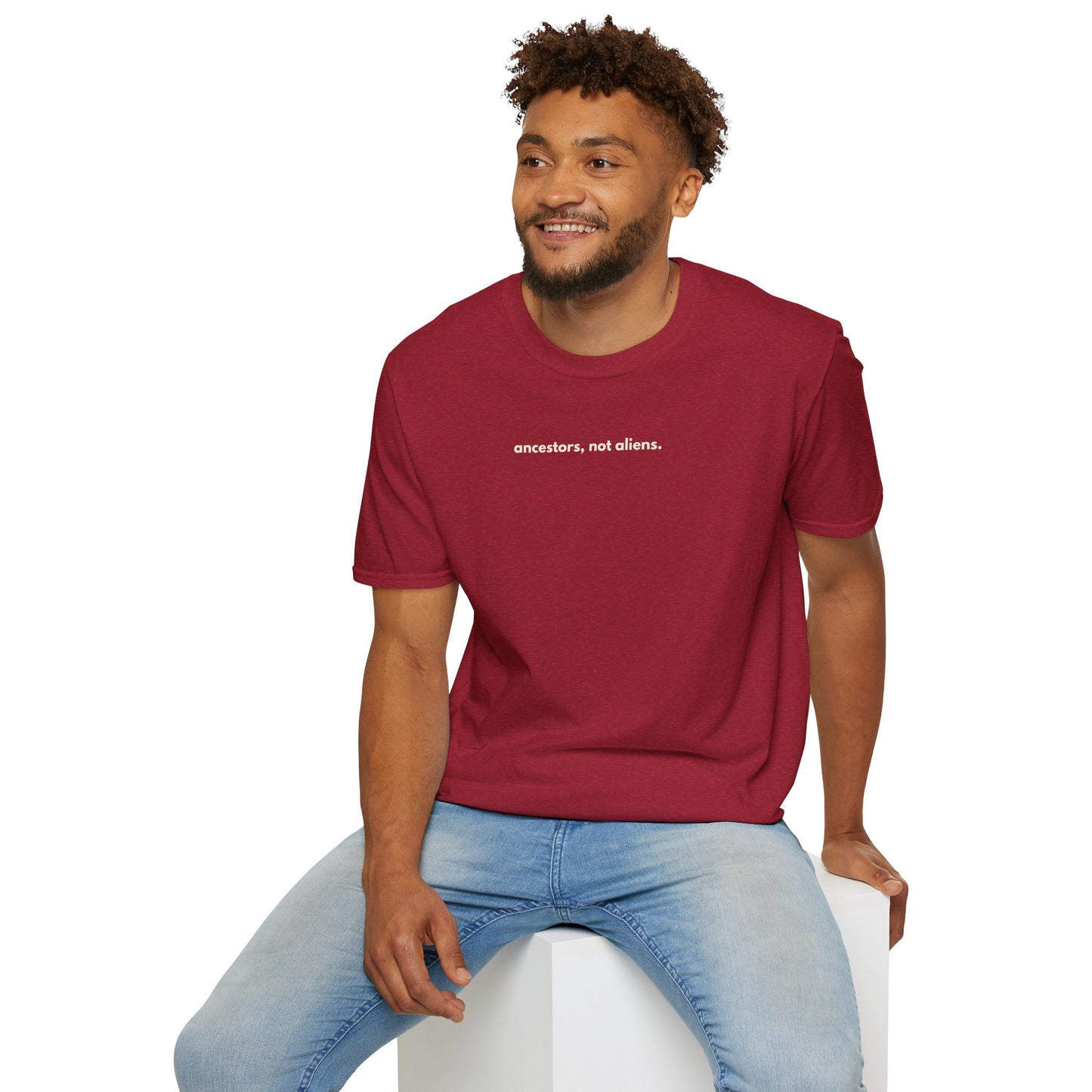 'Ancestors, Not Aliens' Minimalist Slogan Unisex Tee | Alien Nation™