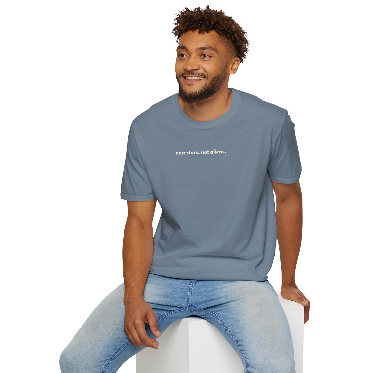 'Ancestors, Not Aliens' Minimalist Slogan Unisex Tee | Alien Nation™