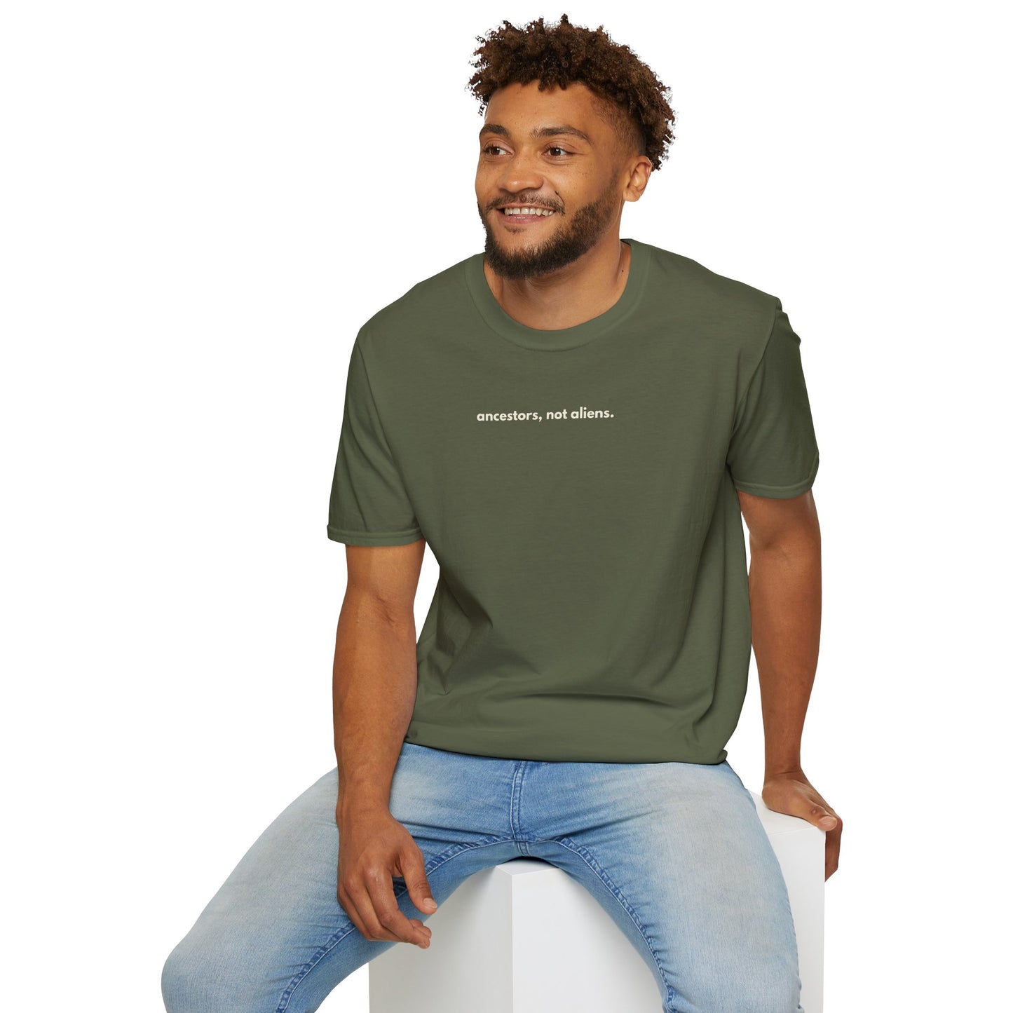 'Ancestors, Not Aliens' Minimalist Slogan Unisex Tee | Alien Nation™
