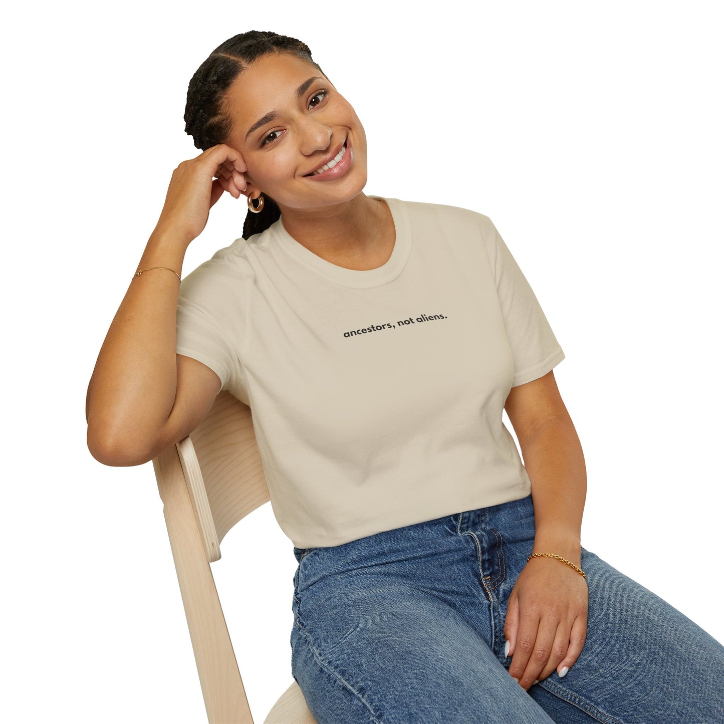 'Ancestors, Not Aliens' Minimalist Slogan Unisex Tee | Alien Nation™