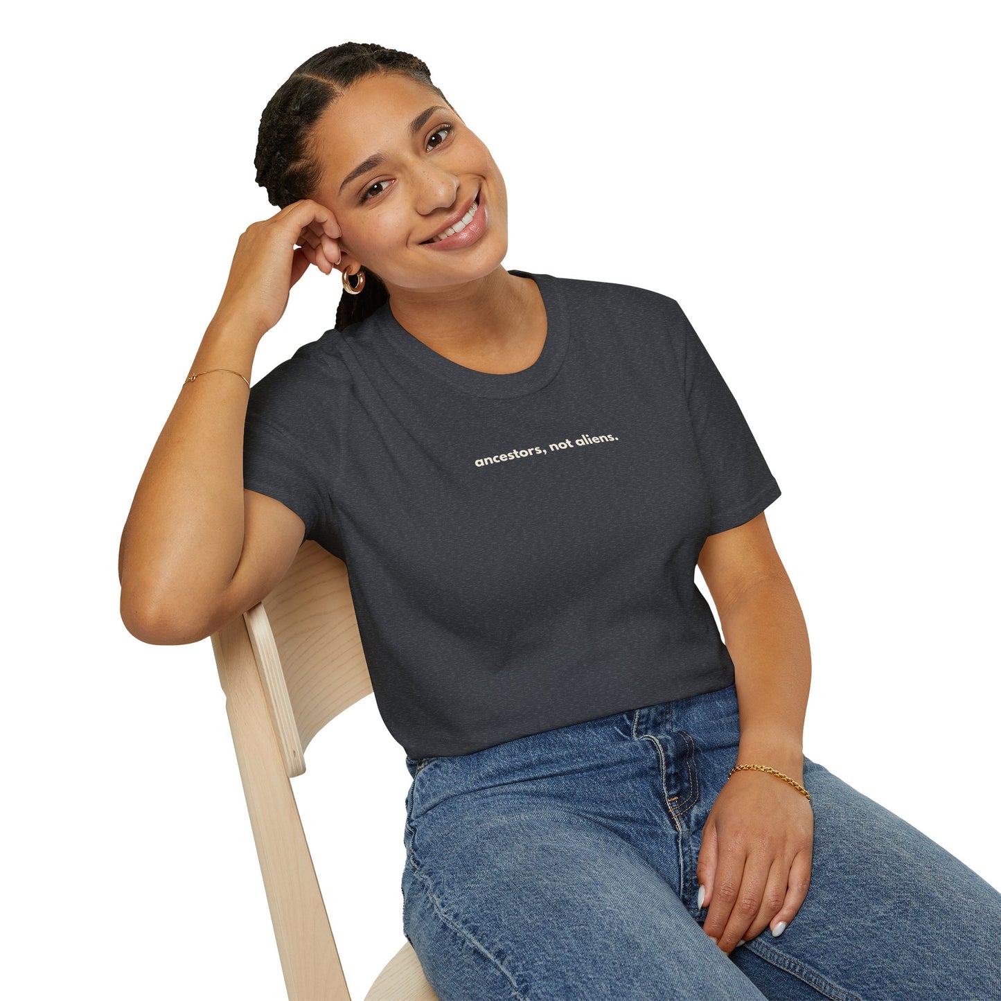 'Ancestors, Not Aliens' Minimalist Slogan Unisex Tee | Alien Nation™