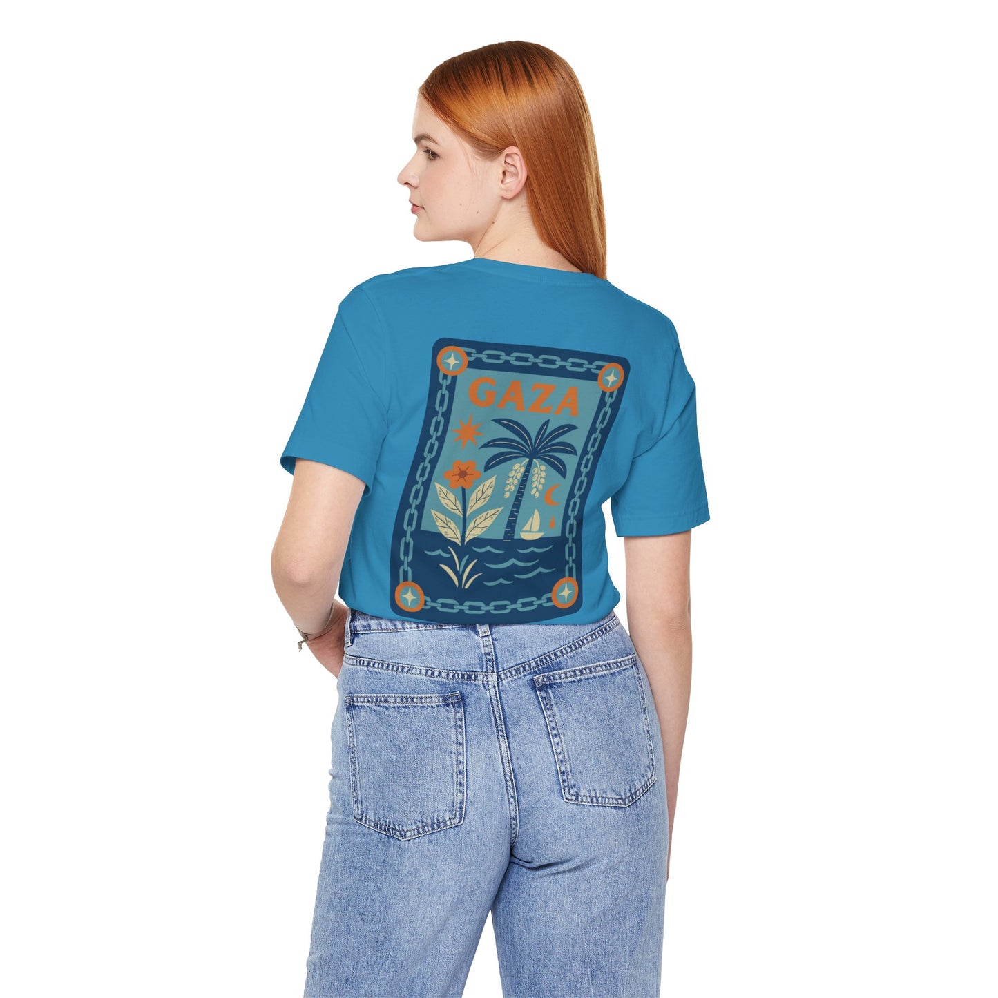 Gaza 'Break the Chains' Unisex Graphic Tee | Front & Back Print | Aqua + Orange