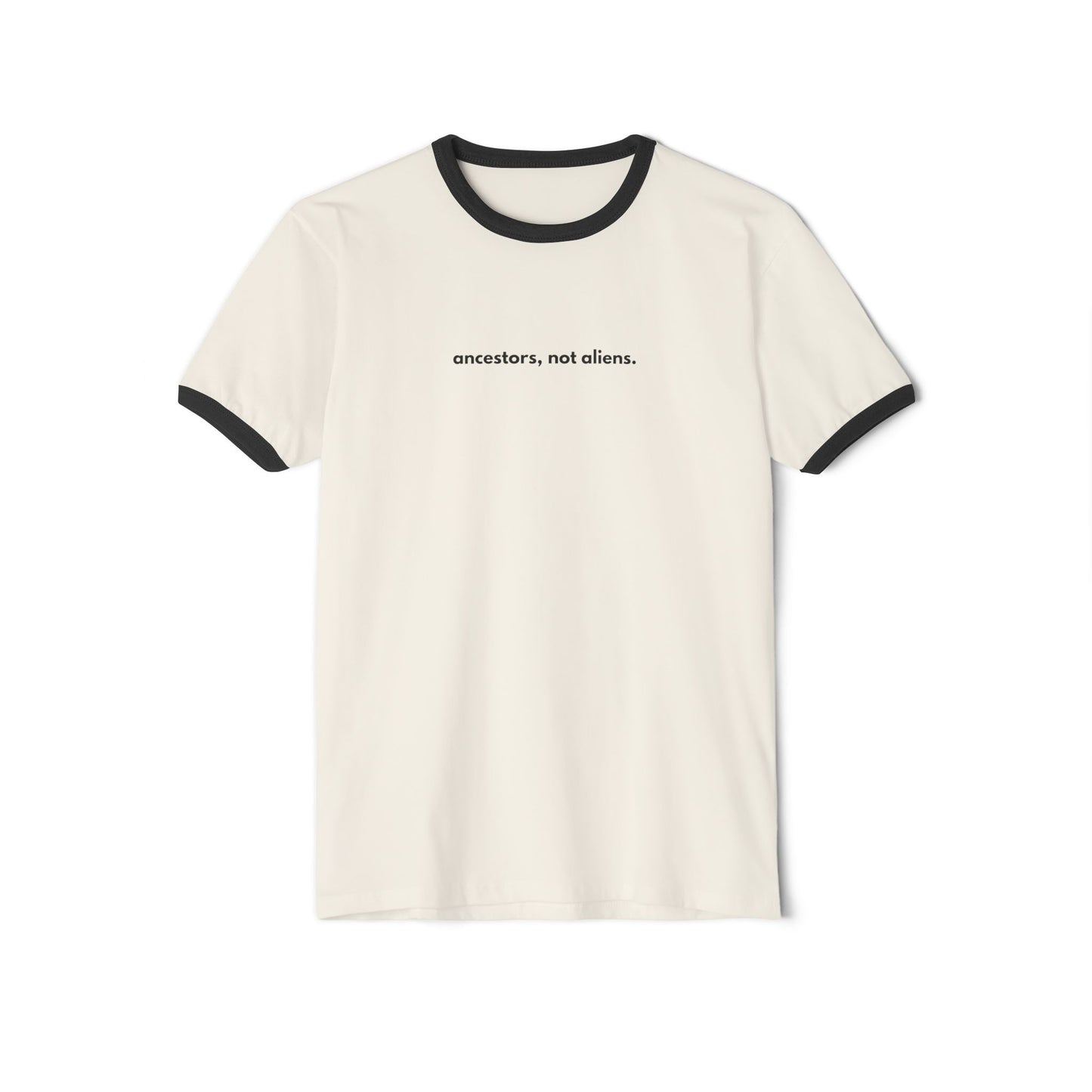 Minimalist 'Ancestors, Not Aliens' Unisex Cotton Ringer Tee | Alien Nation™