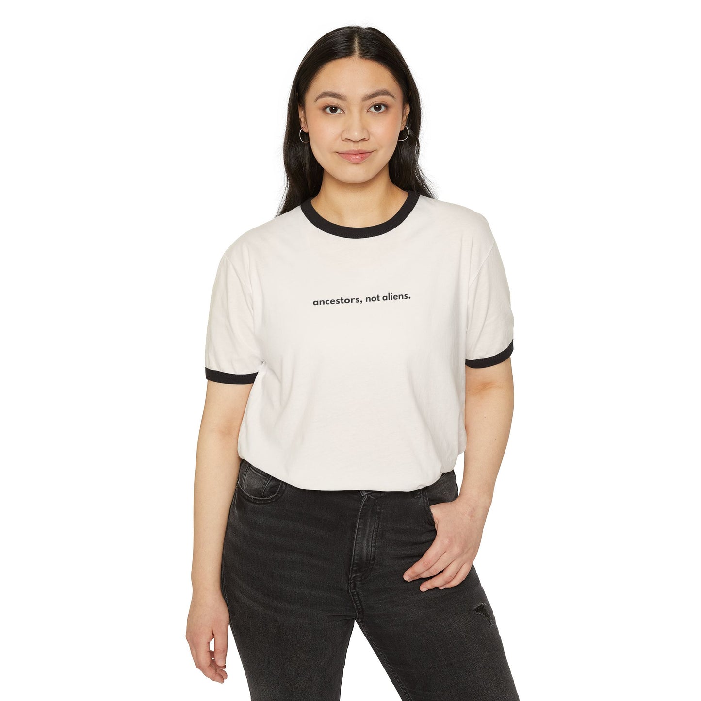 Minimalist 'Ancestors, Not Aliens' Unisex Cotton Ringer Tee | Alien Nation™