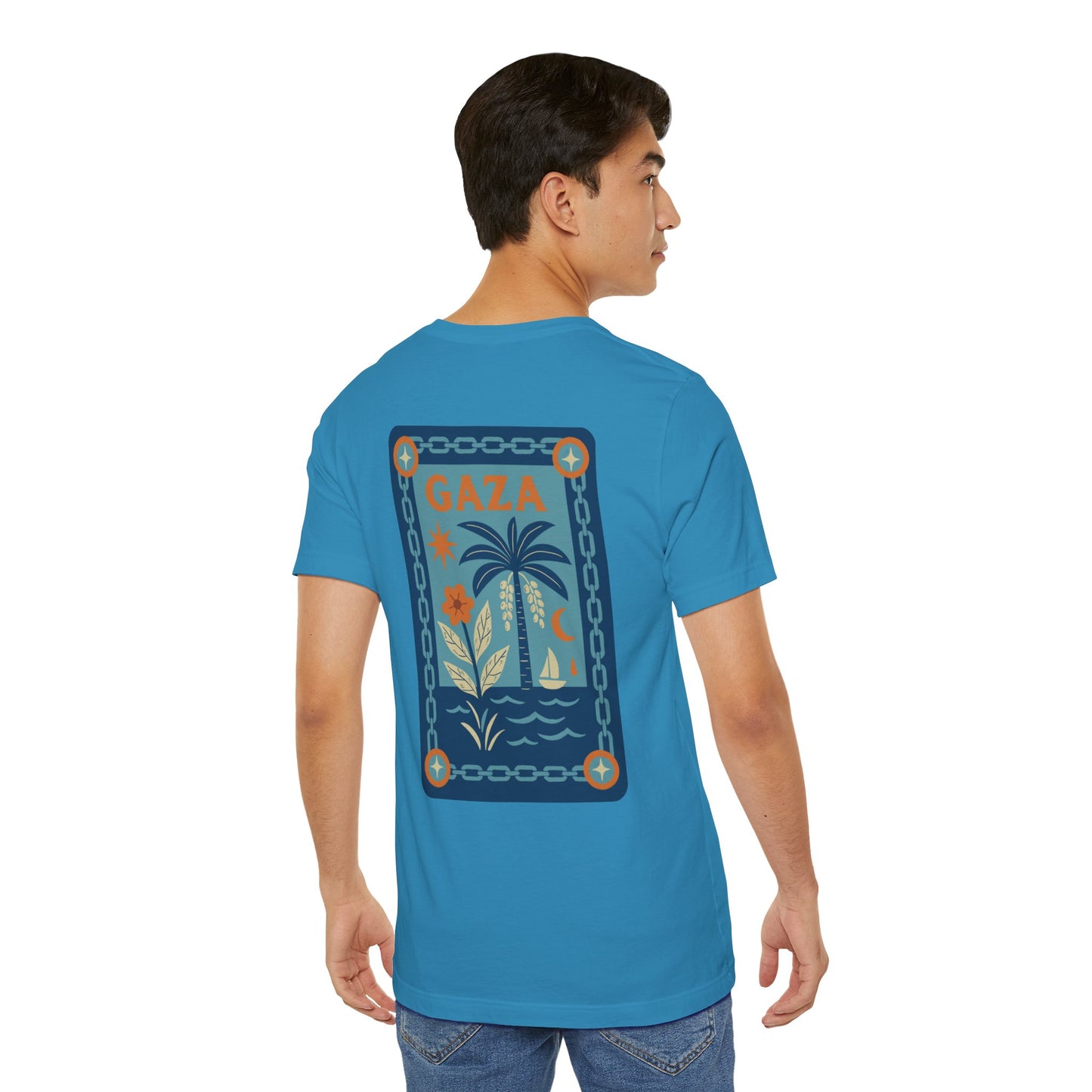 Gaza 'Break the Chains' Unisex Graphic Tee | Front & Back Print | Aqua + Orange