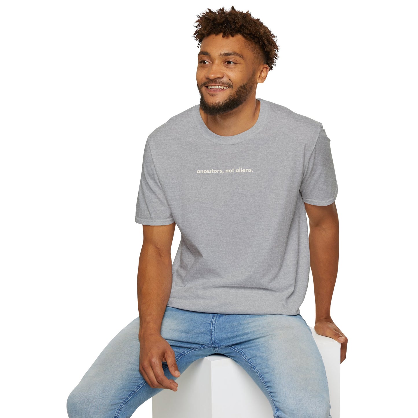 'Ancestors, Not Aliens' Minimalist Slogan Unisex Tee | Alien Nation™