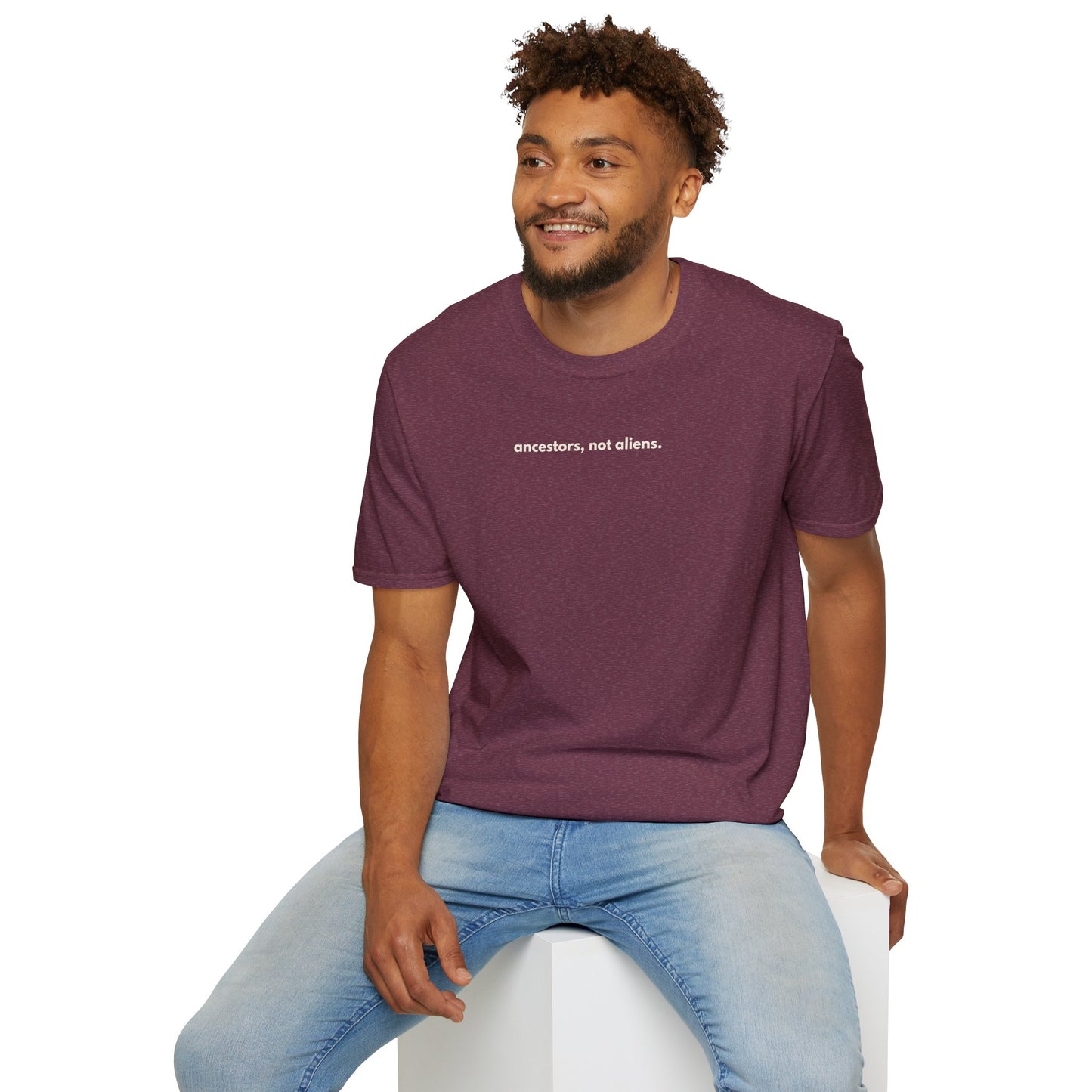 'Ancestors, Not Aliens' Minimalist Slogan Unisex Tee | Alien Nation™