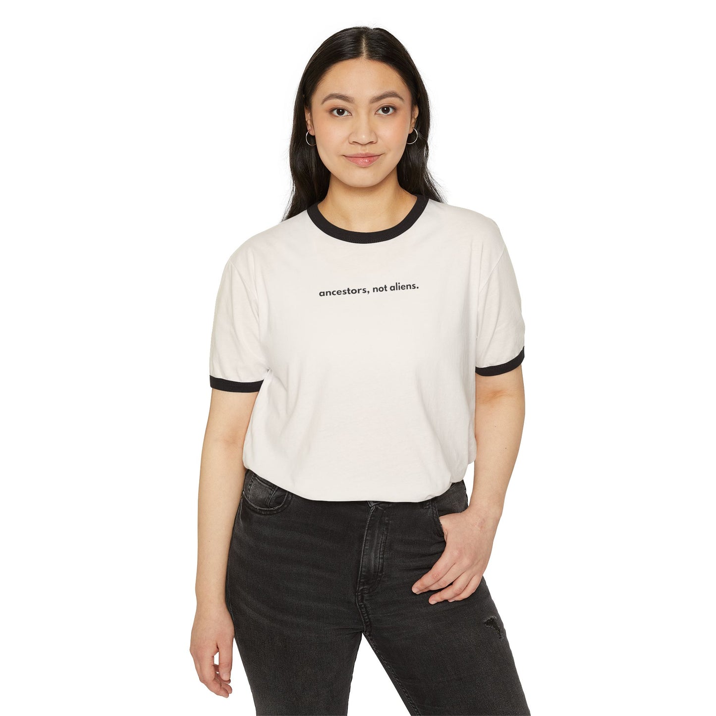 'Ancestors, Not Aliens' Unisex Cotton Ringer T-Shirt (4 designs, 4 immigrants) | Alien Nation™