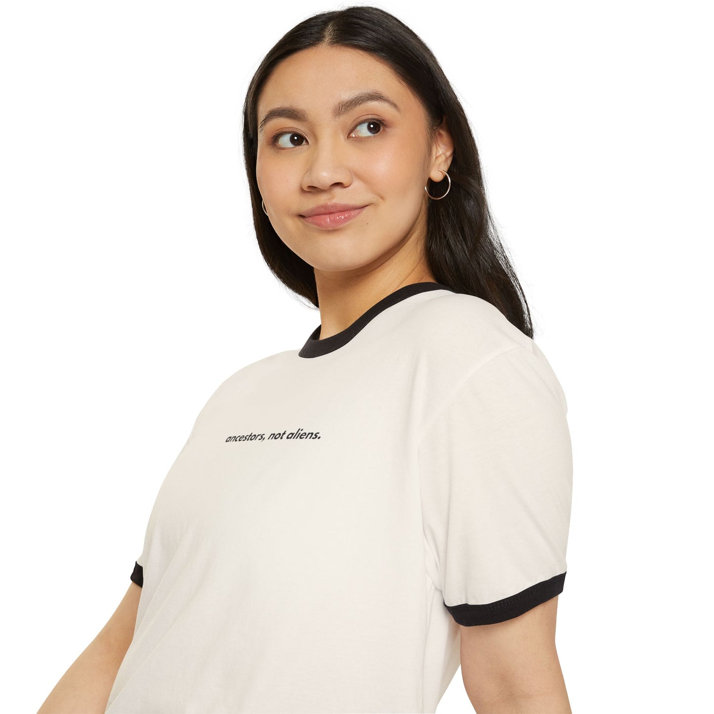 Minimalist 'Ancestors, Not Aliens' Unisex Cotton Ringer Tee | Alien Nation™