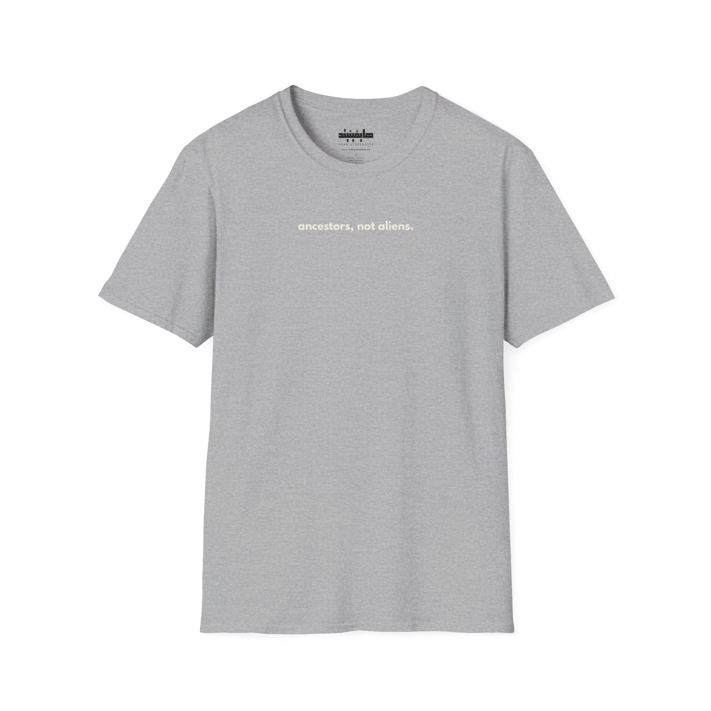 'Ancestors, Not Aliens' Minimalist Slogan Unisex Tee | Alien Nation™