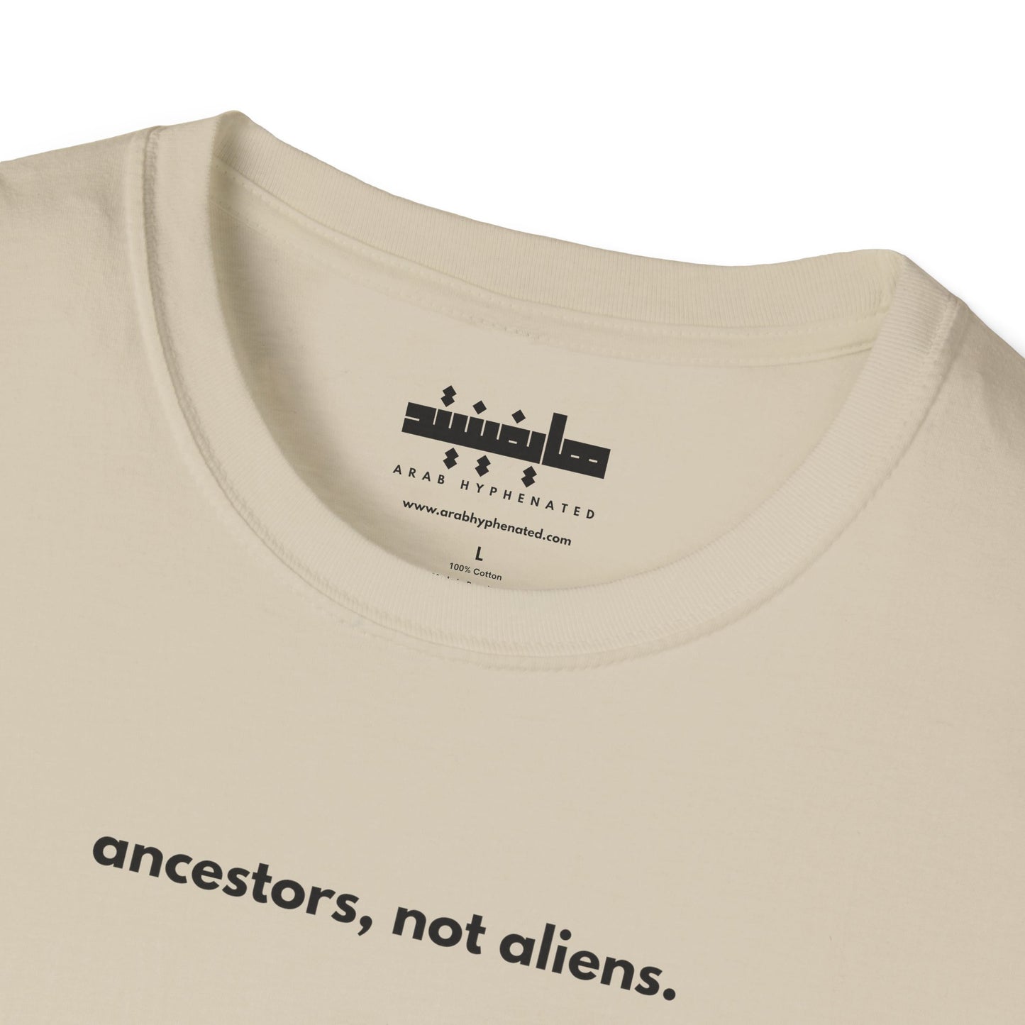 'Ancestors, Not Aliens' Minimalist Slogan Unisex Tee | Alien Nation™