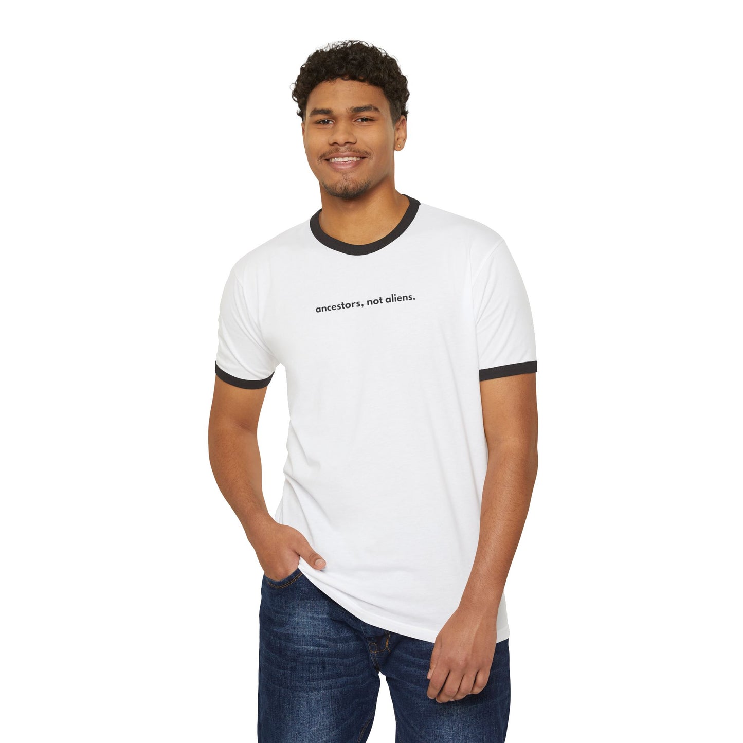 'Ancestors, Not Aliens' Unisex Cotton Ringer T-Shirt (4 designs, 4 immigrants) | Alien Nation™