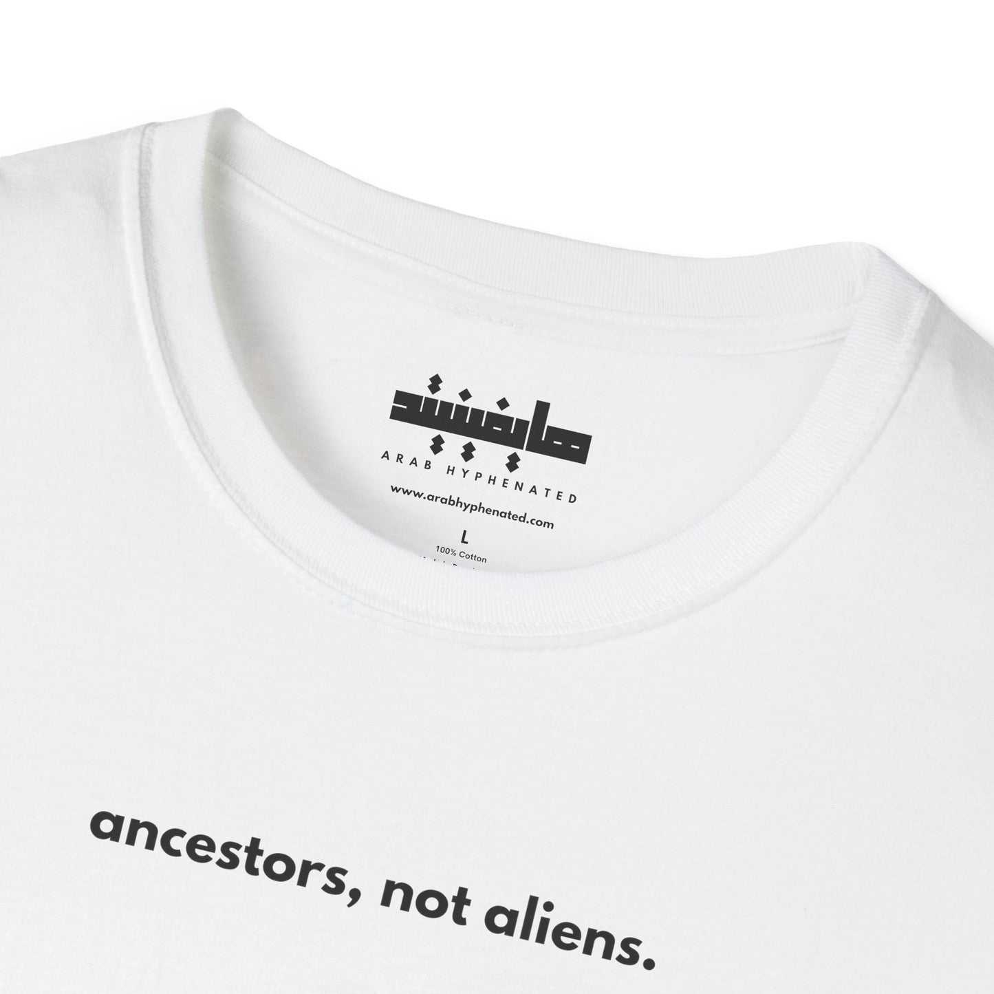 'Ancestors, Not Aliens' Minimalist Slogan Unisex Tee | Alien Nation™