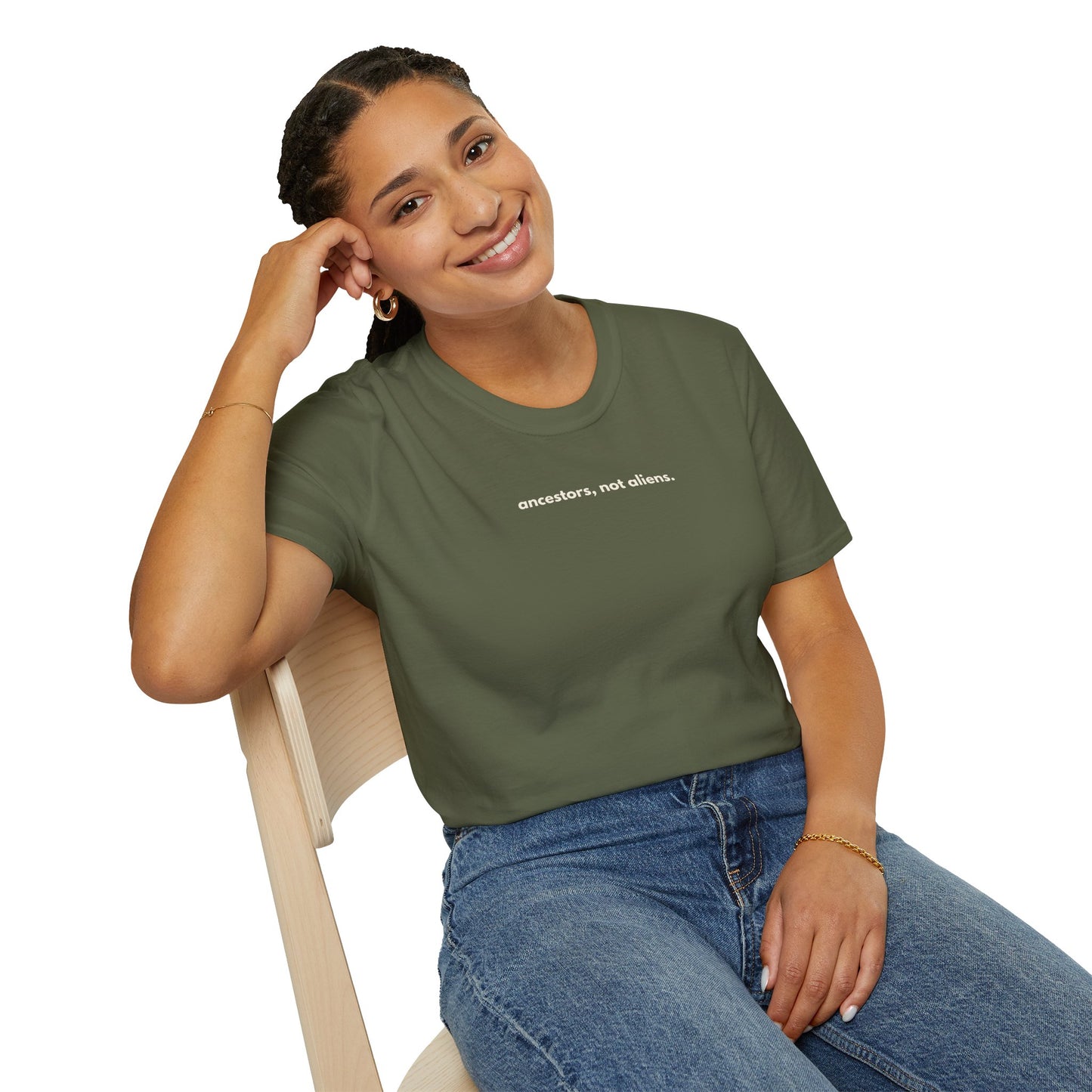 'Ancestors, Not Aliens' Minimalist Slogan Unisex Tee | Alien Nation™