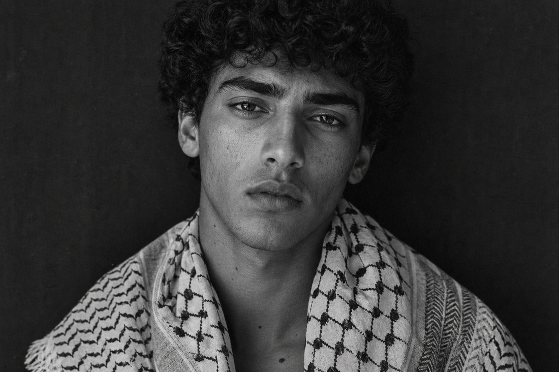 Arab Hyphenated Young Man in Keffiyah American Flag by Raja Althaibani