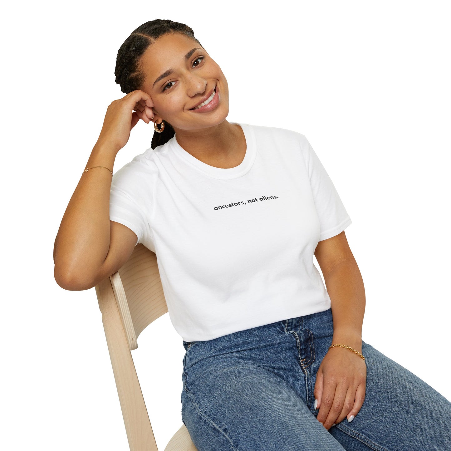 'Ancestors, Not Aliens' Minimalist Slogan Unisex Tee | Alien Nation™
