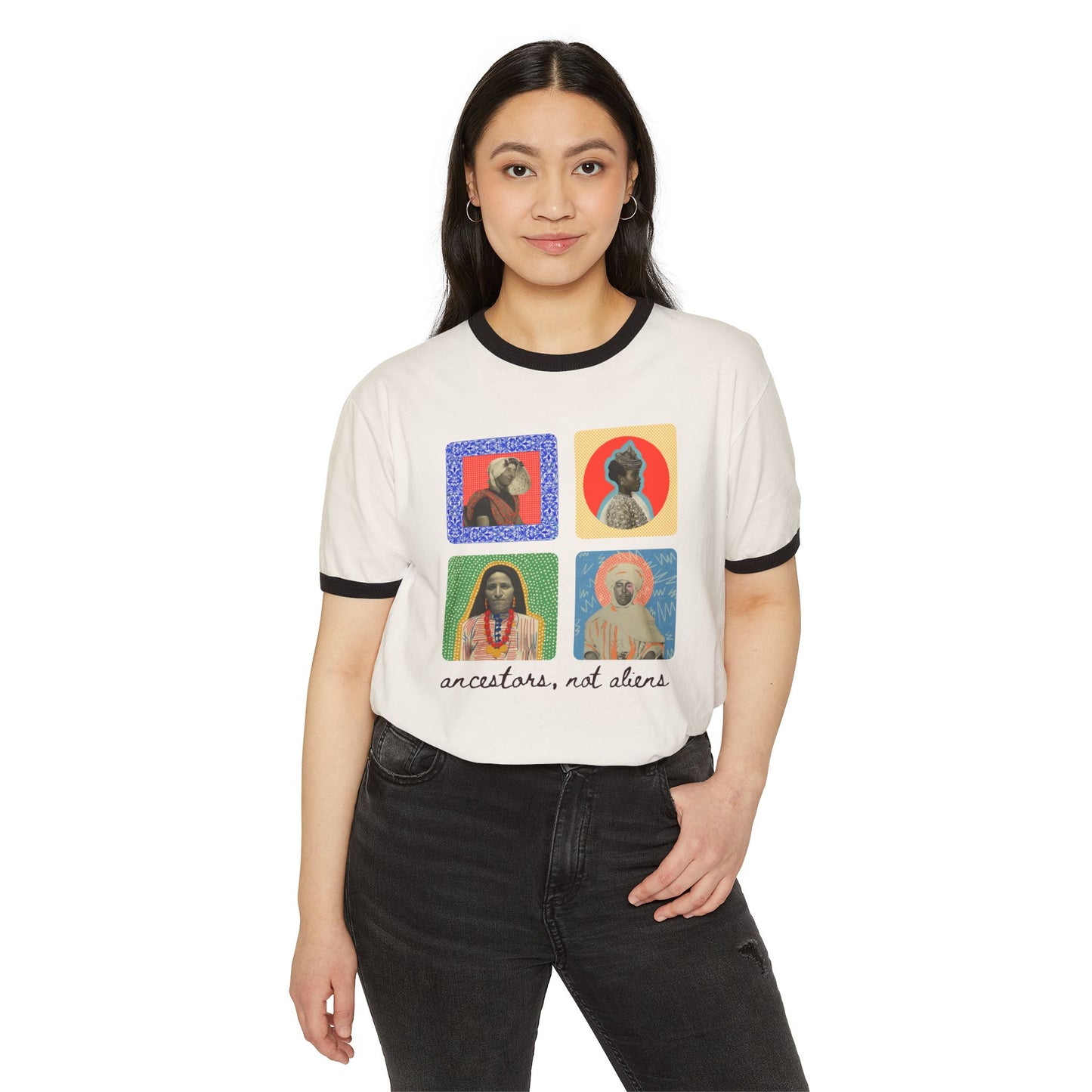 'Ancestors, Not Aliens' Heritage Cotton Ringer T-Shirt, 4 Immigrant Portraits (Front Print)