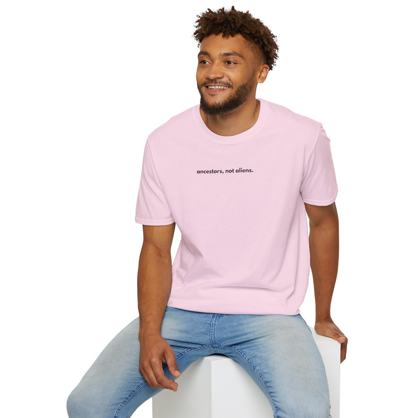 'Ancestors, Not Aliens' Minimalist Slogan Unisex Tee | Alien Nation™