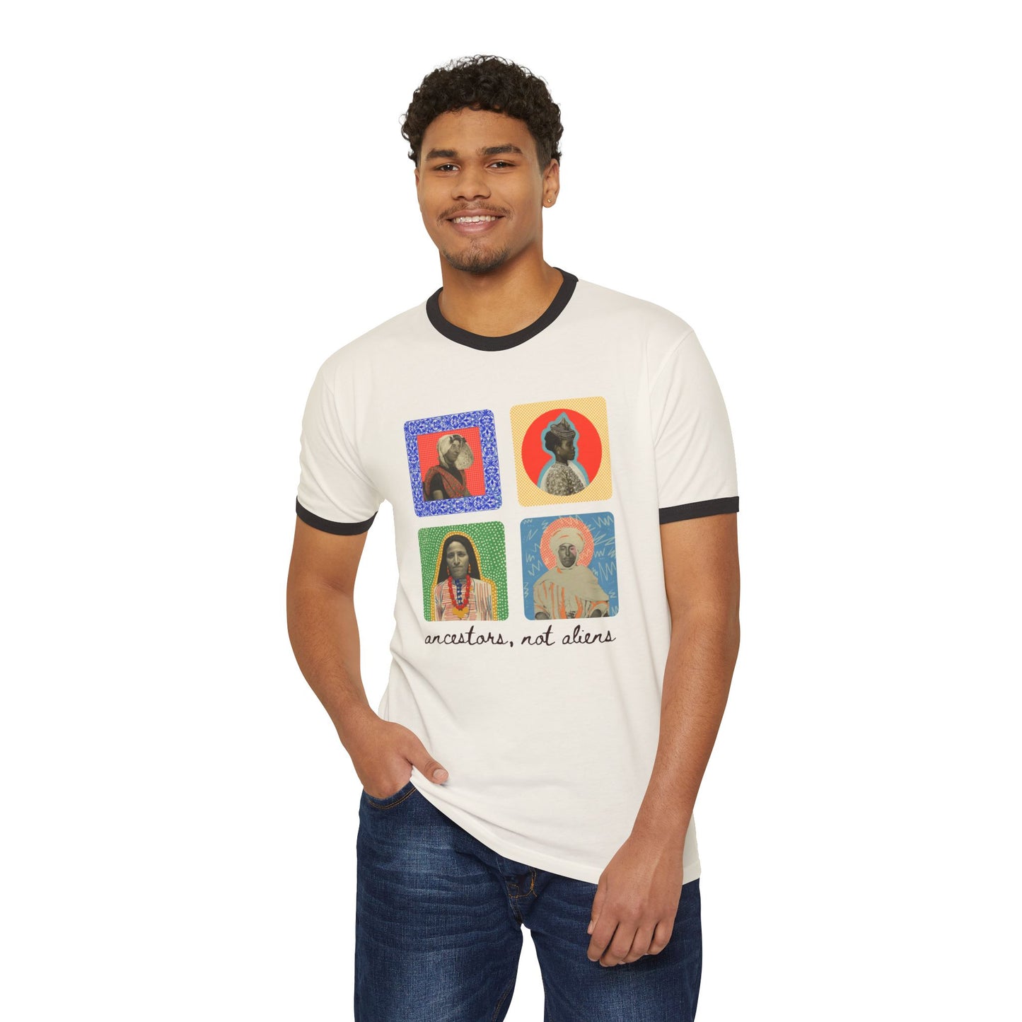 'Ancestors, Not Aliens' Heritage Cotton Ringer T-Shirt, 4 Immigrant Portraits (Front Print)