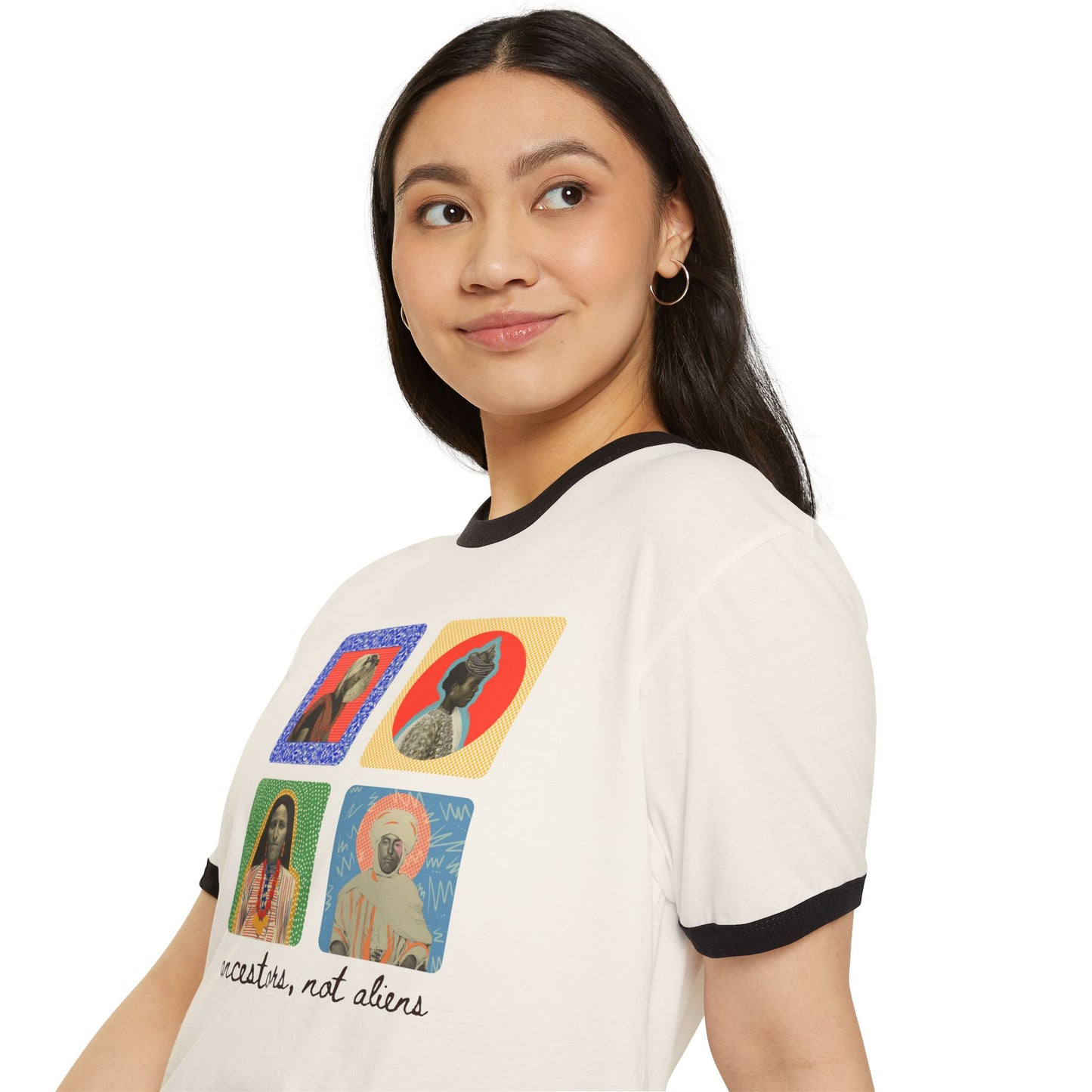 'Ancestors, Not Aliens' Heritage Cotton Ringer T-Shirt, 4 Immigrant Portraits (Front Print)