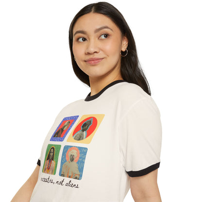 'Ancestors, Not Aliens' Heritage Cotton Ringer T-Shirt, 4 Immigrant Portraits (Front Print)