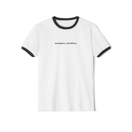 Minimalist 'Ancestors, Not Aliens' Unisex Cotton Ringer Tee | Alien Nation™