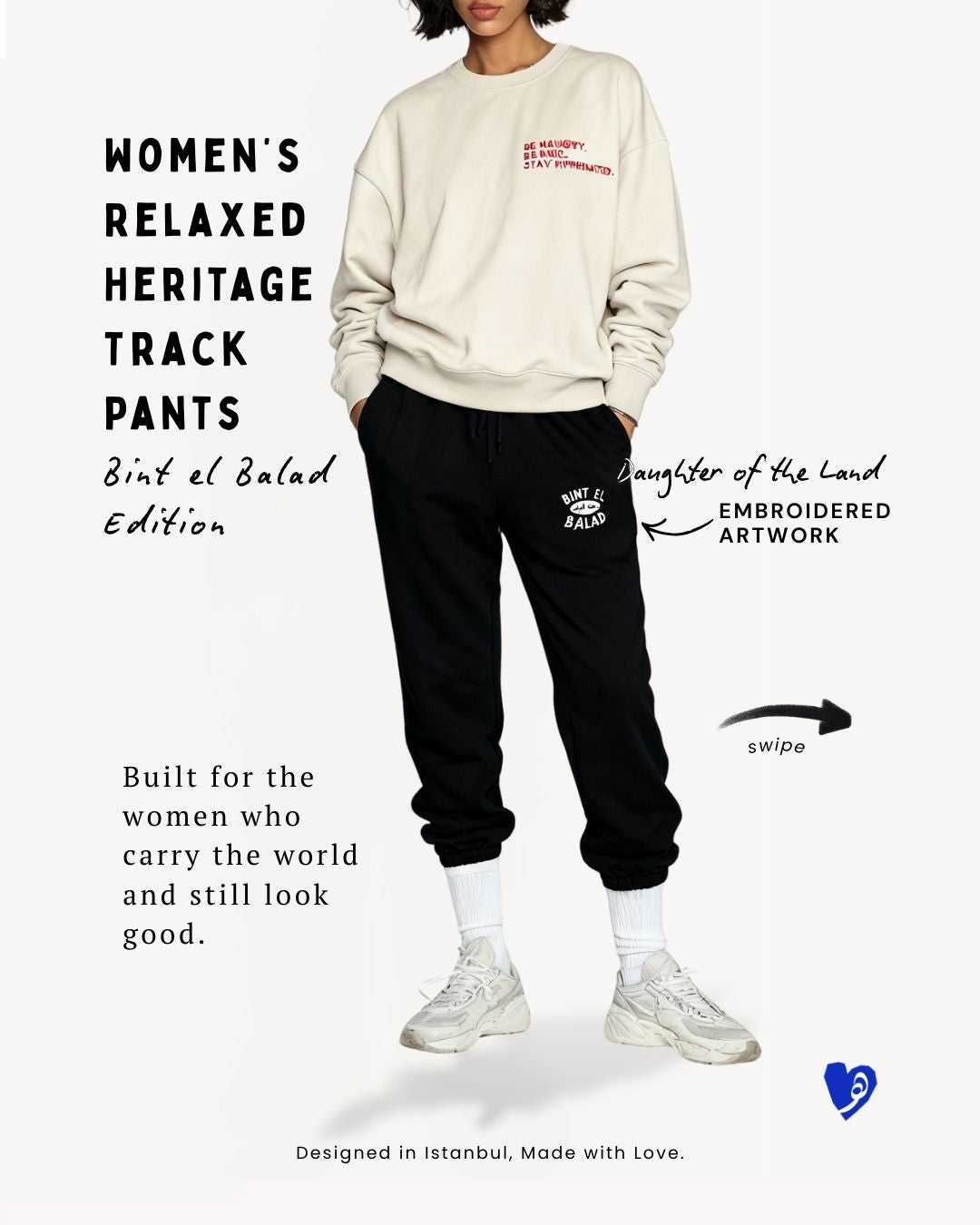 Bint el Balad™ Embroidered Heritage Track Pants in Bone