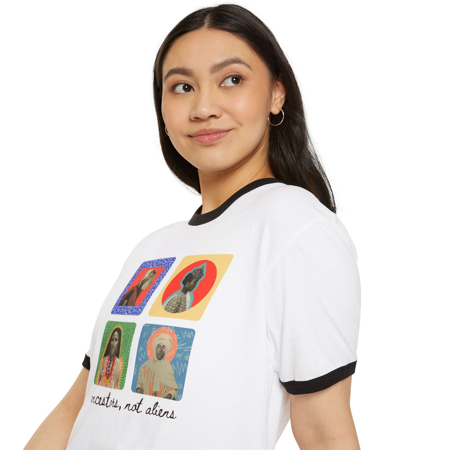 'Ancestors, Not Aliens' Heritage Cotton Ringer T-Shirt, 4 Immigrant Portraits (Front Print)