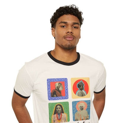 'Ancestors, Not Aliens' Heritage Cotton Ringer T-Shirt, 4 Immigrant Portraits (Front Print)