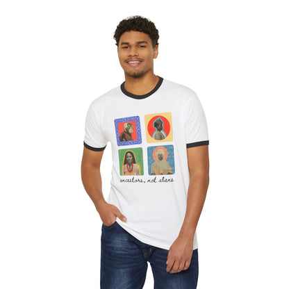 'Ancestors, Not Aliens' Heritage Cotton Ringer T-Shirt, 4 Immigrant Portraits (Front Print)