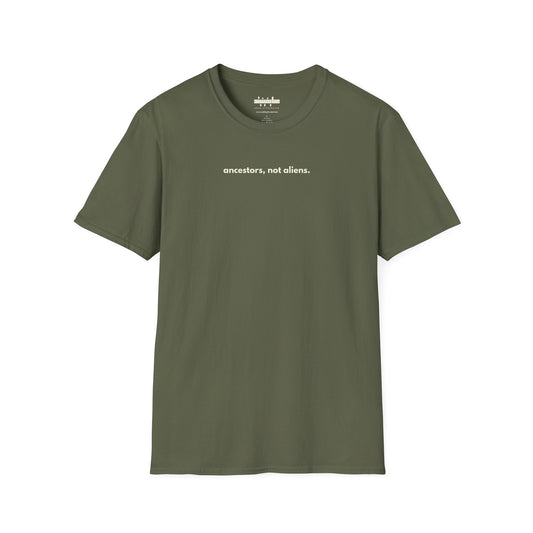 'Ancestors, Not Aliens' Minimalist Slogan Unisex Tee | Alien Nation™