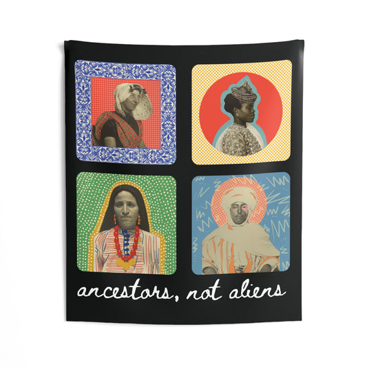 'Ancestors, Not Aliens' Wall Tapestry | Black color