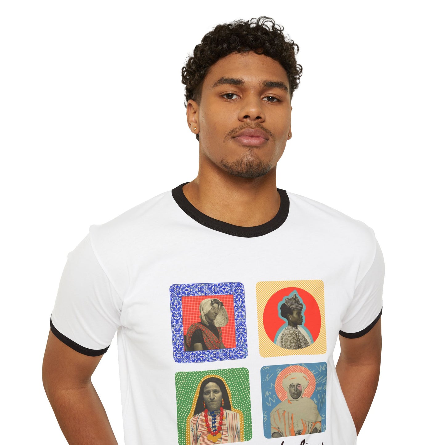 'Ancestors, Not Aliens' Heritage Cotton Ringer T-Shirt, 4 Immigrant Portraits (Front Print)