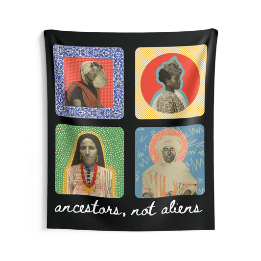 'Ancestors, Not Aliens' Wall Tapestry | Black color
