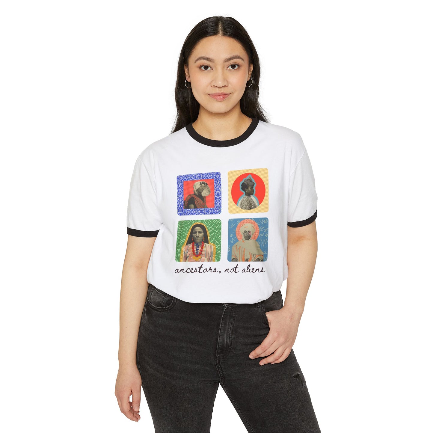 'Ancestors, Not Aliens' Heritage Cotton Ringer T-Shirt, 4 Immigrant Portraits (Front Print)