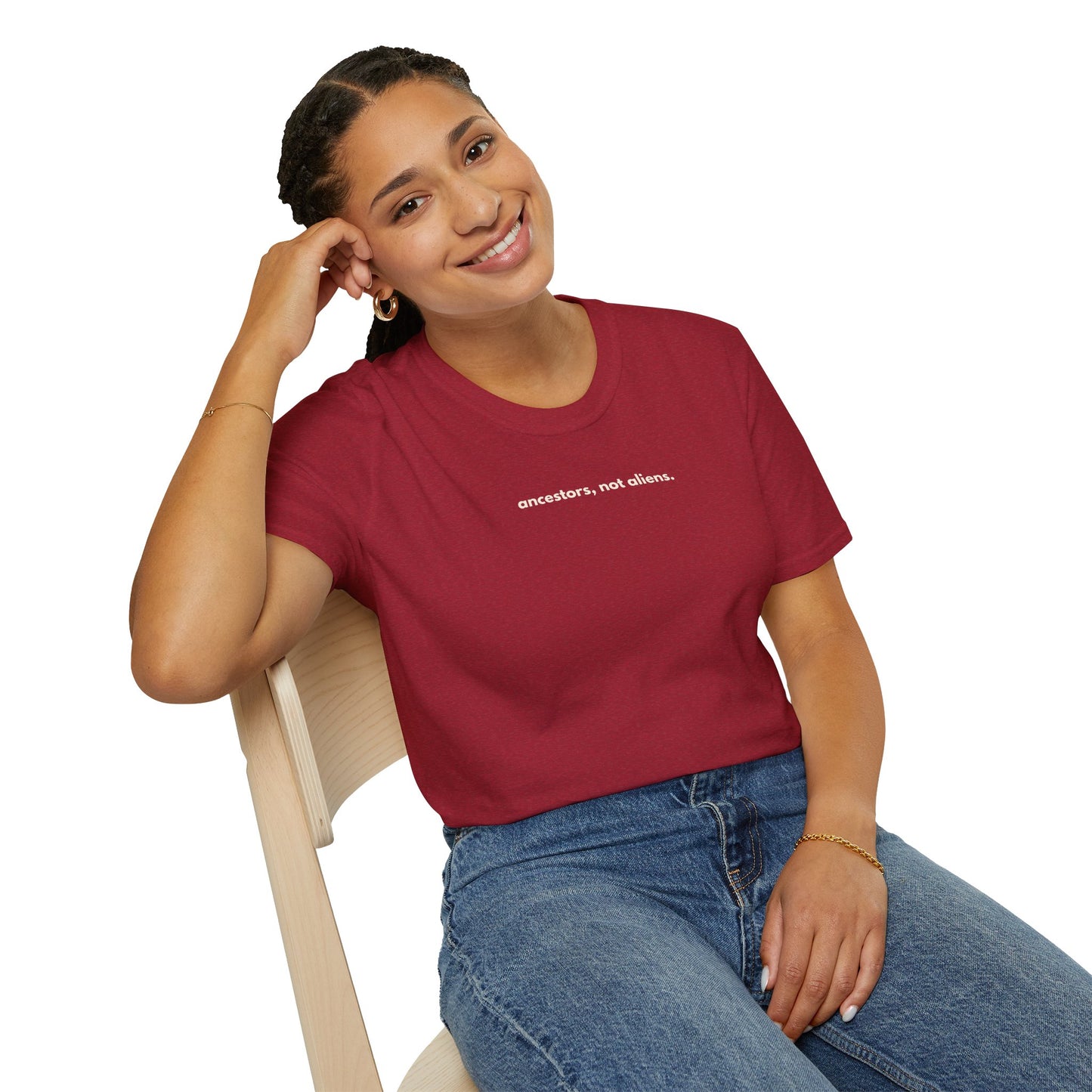 'Ancestors, Not Aliens' Minimalist Slogan Unisex Tee | Alien Nation™