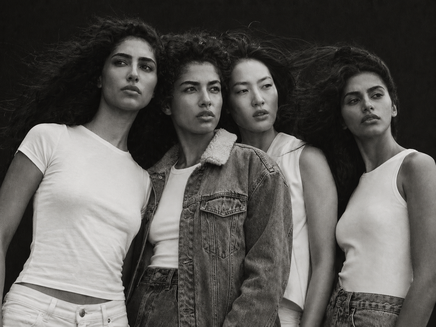 Black and white photo of four women standing close together against a dark background
