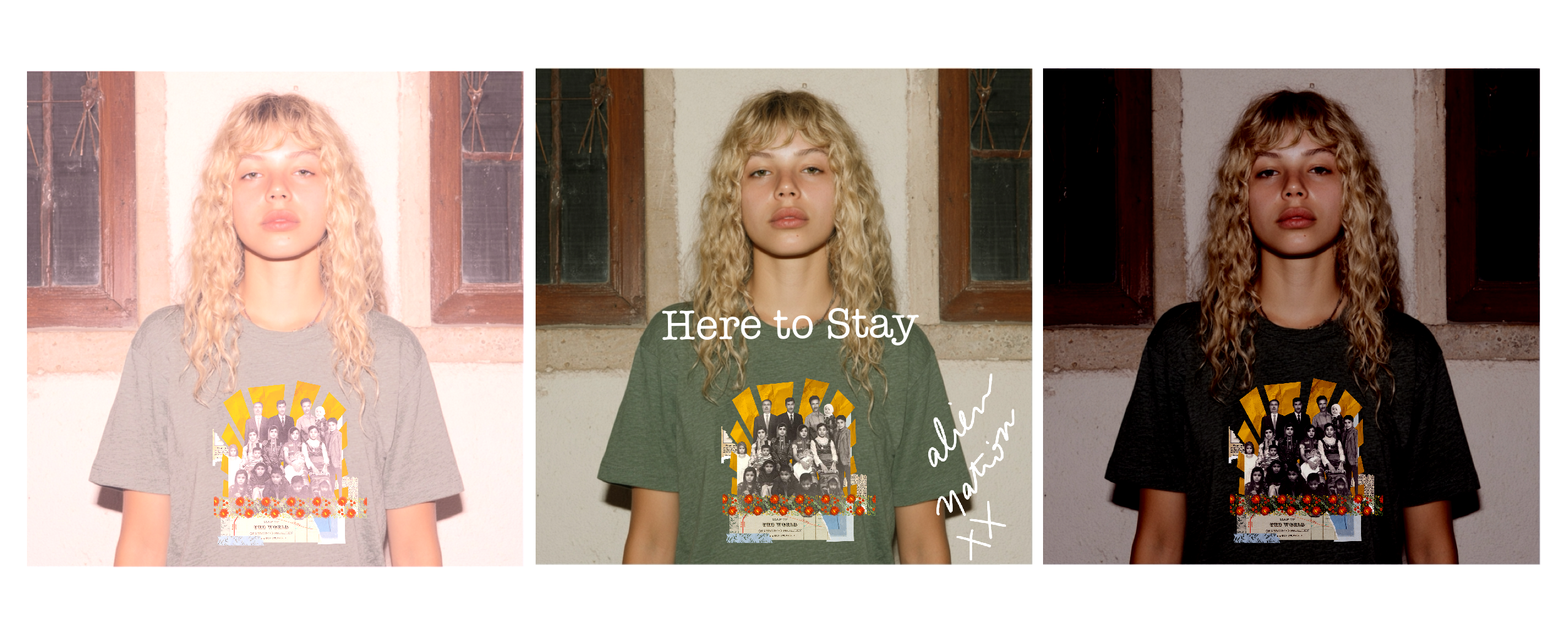 Three images of a person wearing a graphic t-shirt with text 'Here to Stay'.