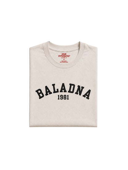 BALADNA 1981 cream heavyweight t-shirt front view folded by Arab Hyphenated