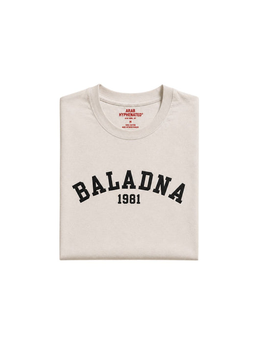 BALADNA 1981 cream heavyweight t-shirt front view folded by Arab Hyphenated