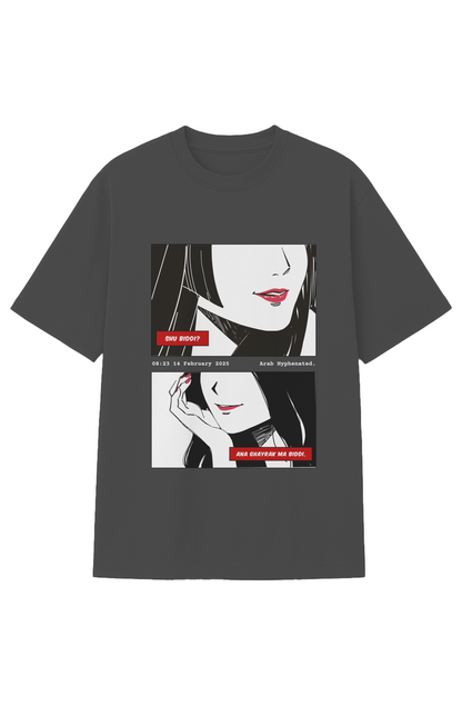 Charcoal heavyweight cotton t-shirt with Shu Bidoi graphic artwork