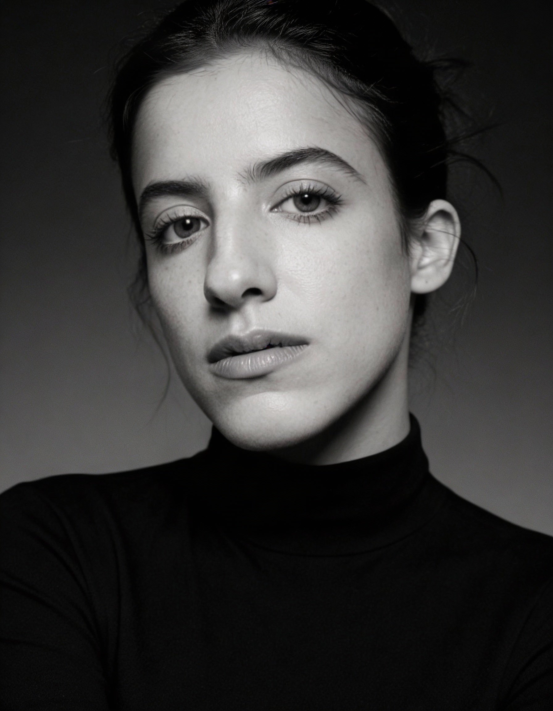 Black and white portrait of Raja Althaibani wearing a black turtleneck against a gray background