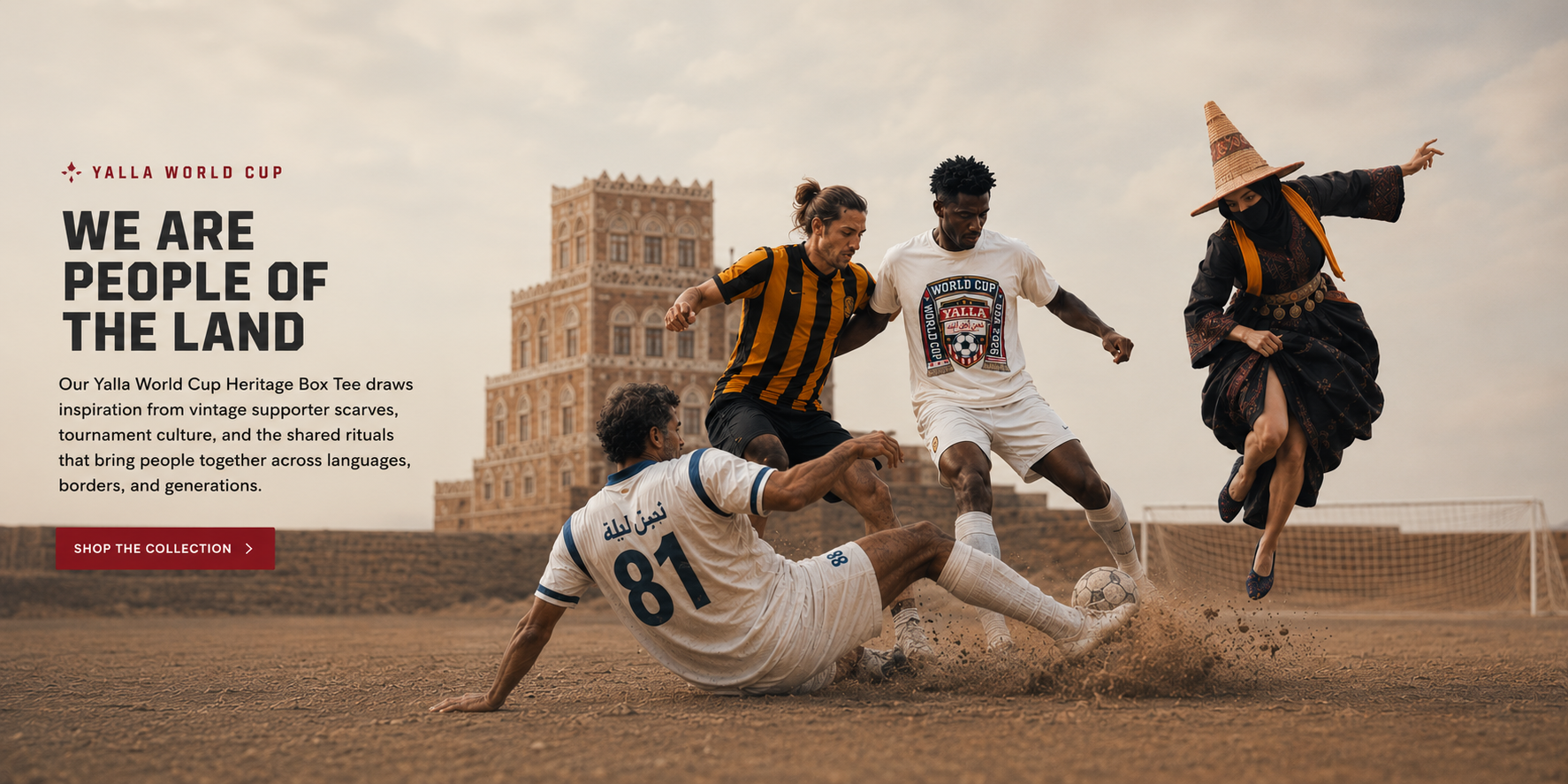Four people playing soccer on a field with text about Yalla World Cup Heritage Box. Arab Hyphenated. Raja althaibani
